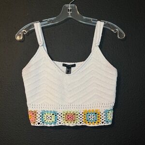 Forever 21 White Crochet Knit Crop Tank Top Granny Square Boho Festival Cami M